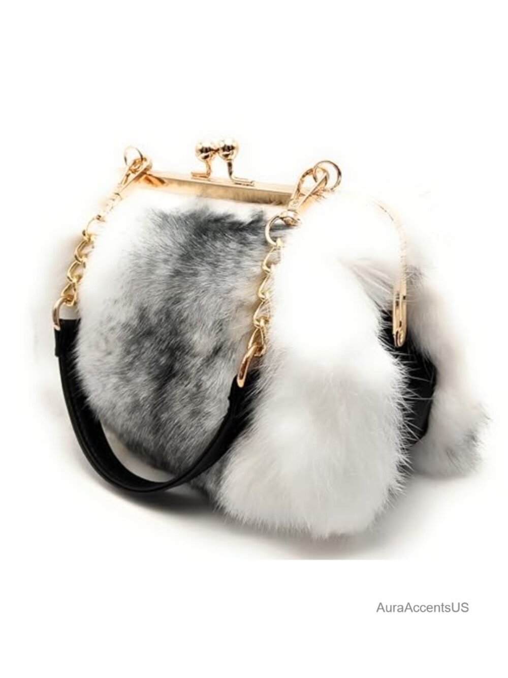 Genuine Fox Fur Rabbit Fur Evening Clutch Kiss Lock Handbag